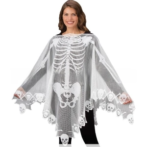 Detail of white lace Halloween shawl with skeleton print and skull tassel fringe