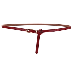 Slim dark red leather belt for women with elegant golden pin buckle on white background