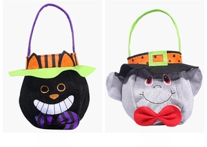 Halloween felt candy bags featuring black cat and vampire designs with witch hats