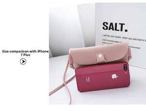 Pink mini crossbody bag size comparison with a smartphone showing compact dimensions