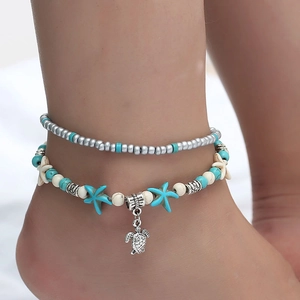 Bracelet de cheville double couche avec perles turquoise, étoiles de mer et pendentif tortue