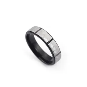 Two-tone titanium steel men's ring with silver brushed finish and black inner surface
