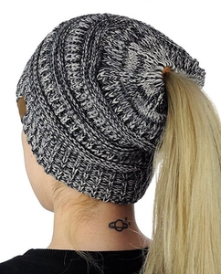 Detail of grey knitted ponytail beanie showing the opening for hair on the back side