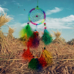 Handmade rainbow dream catcher with colorful feathers hanging over a golden wheat field
