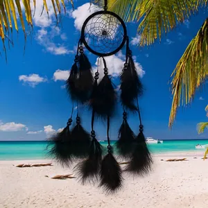 Handmade black feather dream catcher with woven net and beads for wall hanging decor