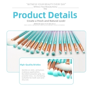 Detail of 15-piece mermaid makeup brush set with scaled handles and soft synthetic bristles