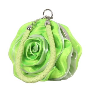 Detail of 3D rose flower handbag in neon green satin with woven handle and metallic clasp