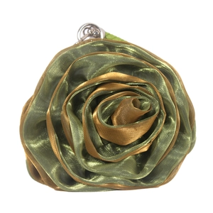 Detail of green and bronze silk rose coin purse with metallic ring and 3D petals