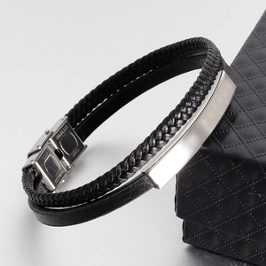 Double-layered men's bracelet with black woven leather and stainless steel clasp