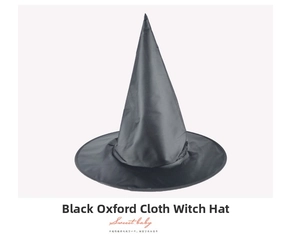 Close-up of black wizard hat with pointed top and wide brim for Halloween party