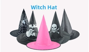 Set of five assorted Halloween witch hats with spider web, ghost, and bat patterns