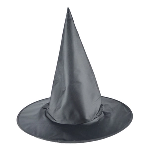 Classic black Halloween witch hat with pointed top and wide brim made of polyester fabric
