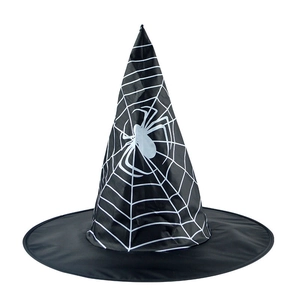 Classic black Halloween witch hat with white spider web print and pointed brim design