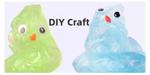 DIY slime toy monsters in green and blue translucent colors with cute plastic eyes