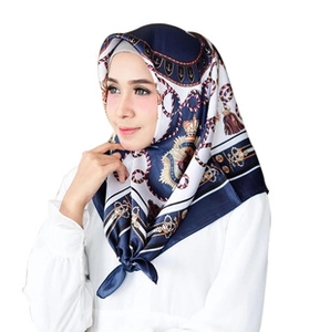 Detail of luxury royal chain and crown print on high-shine satin square scarf