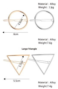 Detailed size comparison of gold and silver geometric alloy hair clips in circle and triangle