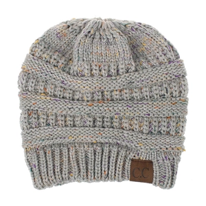 Detailed texture of grey speckled knit beanie with ribbed brim and brown C.C leather patch