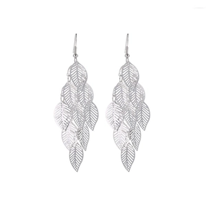 Elegant silver tiered hollow leaf drop earrings with a minimalist metallic design