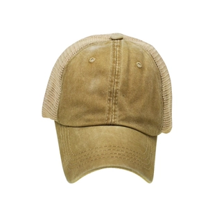 Detail of khaki washed cotton baseball cap featuring breathable mesh back and retro style
