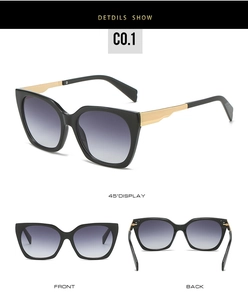 Three-angle view of square frame sunglasses with purple gradient lenses and gold temples