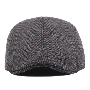 Classic British glen plaid flat cap in grey cotton for men and women with red accents