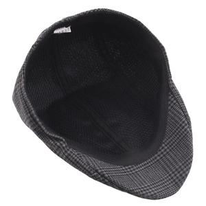 Men's retro grey plaid cotton flat cap showing breathable mesh lining and inner label
