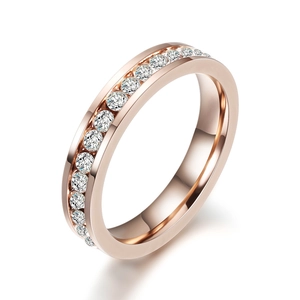 4mm rose gold eternity band with single row crystals on polished stainless steel ring