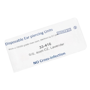Detail of disposable ear piercer label showing 4mm lavender CZ and sterile EO packing