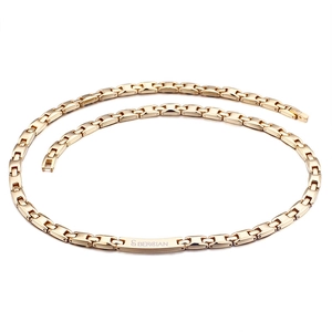 Rose gold stainless steel link necklace featuring an engraved rectangular plate bar