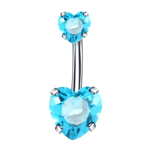Detail of silver stainless steel belly ring with double heart-shaped blue zircon stones