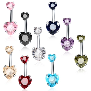 Set of 9 stainless steel belly rings with colorful double heart-shaped cubic zirconia stones