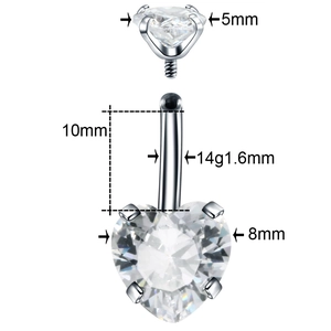 Detailed size specification chart for heart-shaped stainless steel navel piercing ring