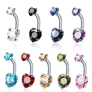Set of 9 stainless steel belly button rings with colorful heart-shaped cubic zirconia