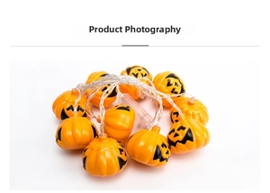 Detail of Halloween pumpkin LED string lights with ghost face patterns and battery box