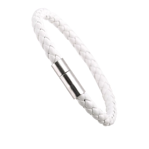 Minimalist white braided PU leather bracelet for men featuring a silver magnetic clasp