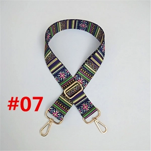 Close-up of bohemian geometric pattern bag strap with gold metal swivel snap hooks