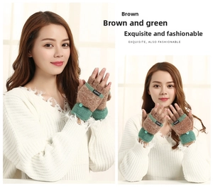 Détail de gants en tricot marron et vert à rabat avec étiquette de logo de marque