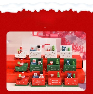 Close-up of 4-section wooden Christmas train featuring Santa and snowman ornaments