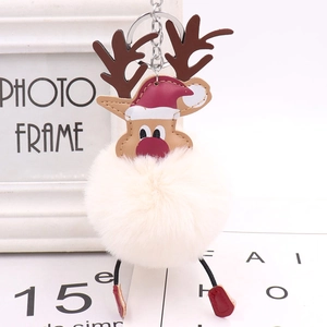Detailed close-up of a Christmas reindeer plush pom pom keychain with silver metal ring
