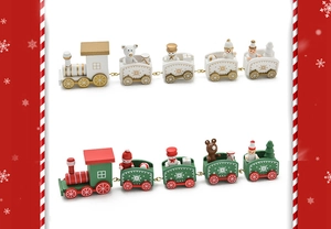 Detail view of white and red-green wooden Christmas trains with snowmen and bear figures