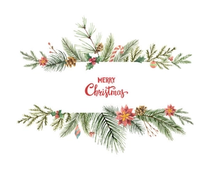 Detailed Christmas border illustration with pine branches, pine cones and red berries