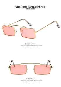 Macro view of retro rectangular gold metal frames and pink lenses from dual angles