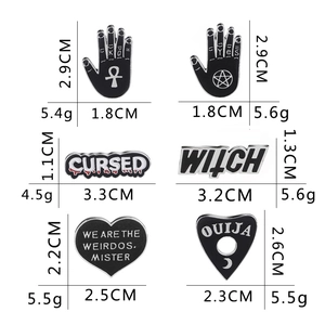 Set of 6 gothic enamel pins featuring palm runes, cursed text, and witchy mystic designs