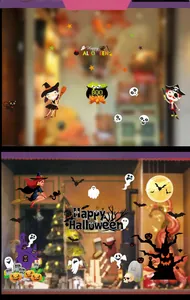 Detailed view of Halloween window clings featuring witches, pumpkins and ghosts for glass décor