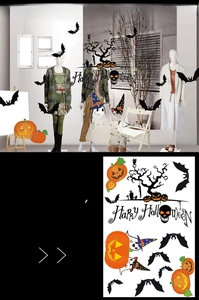 Detailed Halloween static stickers showing pumpkins, ghosts and bats for DIY window decor
