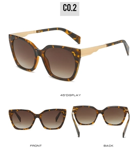 Detailed views of square tortoiseshell sunglasses with gold metal temples and gradient lenses