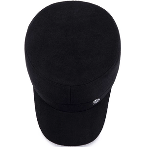 Men's winter flat top wool cadet hat in black with silver side button detail