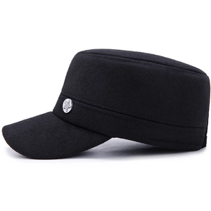 Men's black wool cadet cap with five-point star metal badge for winter warmth