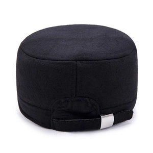 Rear view of black wool flat top military cap with adjustable silver metal buckle