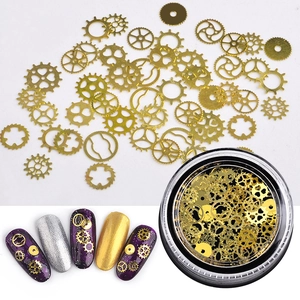 Décorations de nail art engrenages métalliques dorés steampunk avec boîte de rangement
